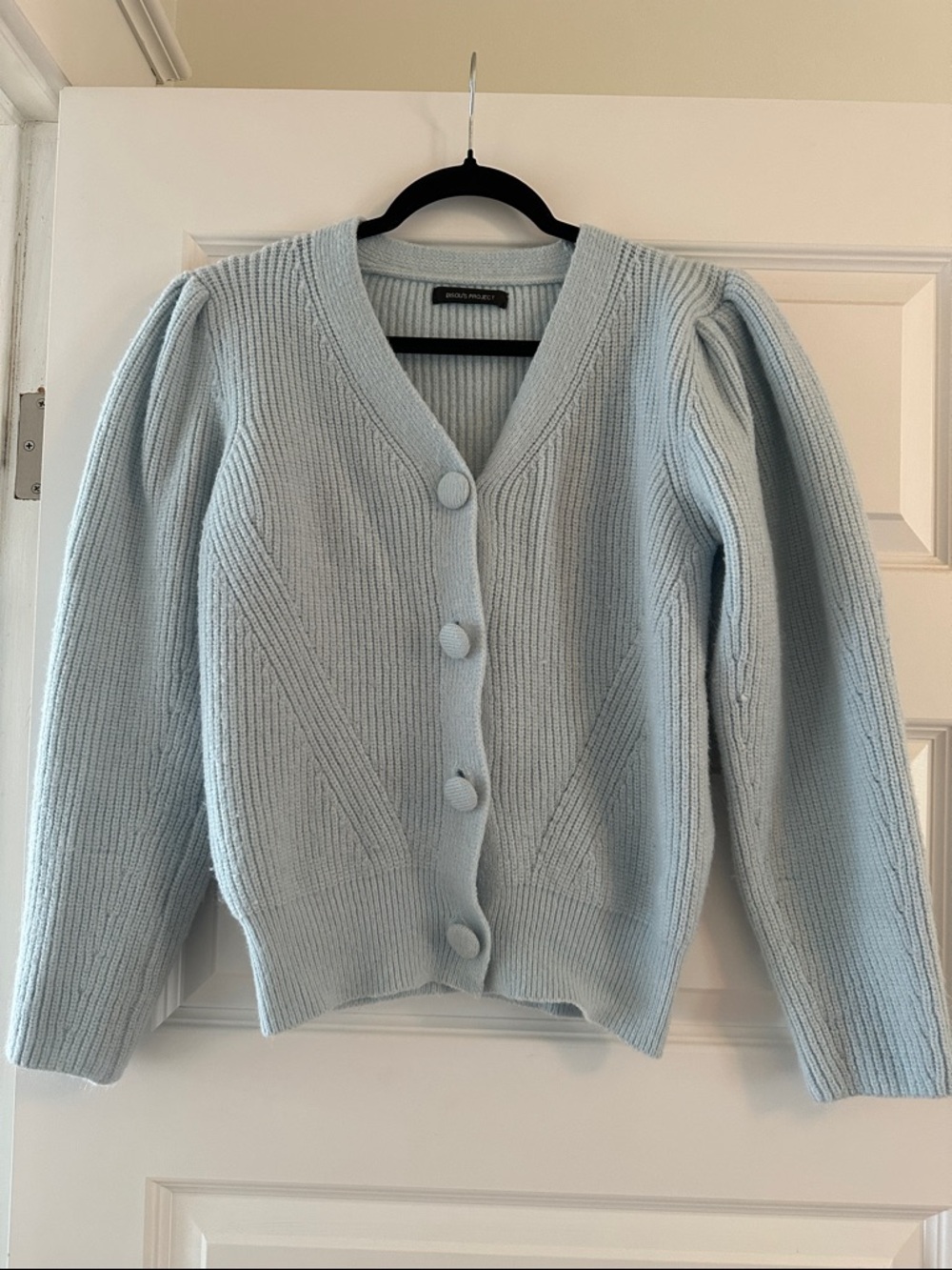 Pale Blue V-Neck Button Cardigan with Puff Shoulder